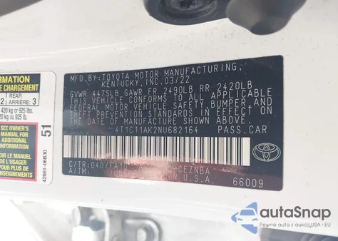2022 Toyota Camry Le from USA, damaged, VIN 4T1C11AK2NU682164